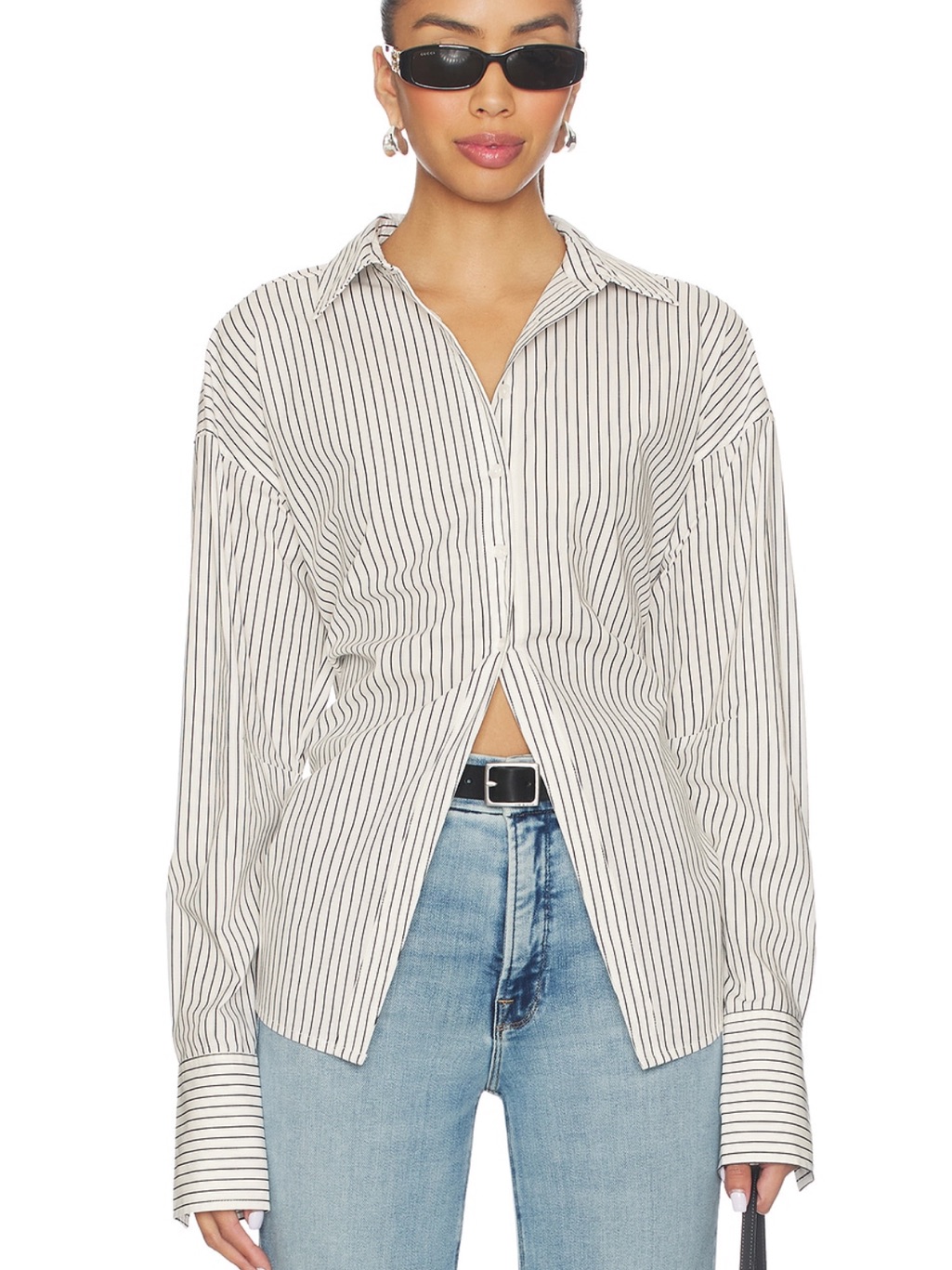 Good American Striped Button-Front Shirt In Ivory + Black